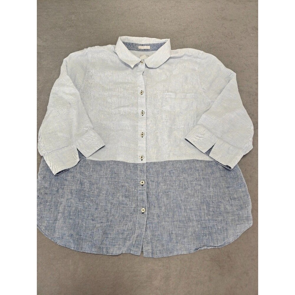 Chico’s No-Iron FreshChic Womens Linen Colorblock Button Shirt Size 3 Blue White